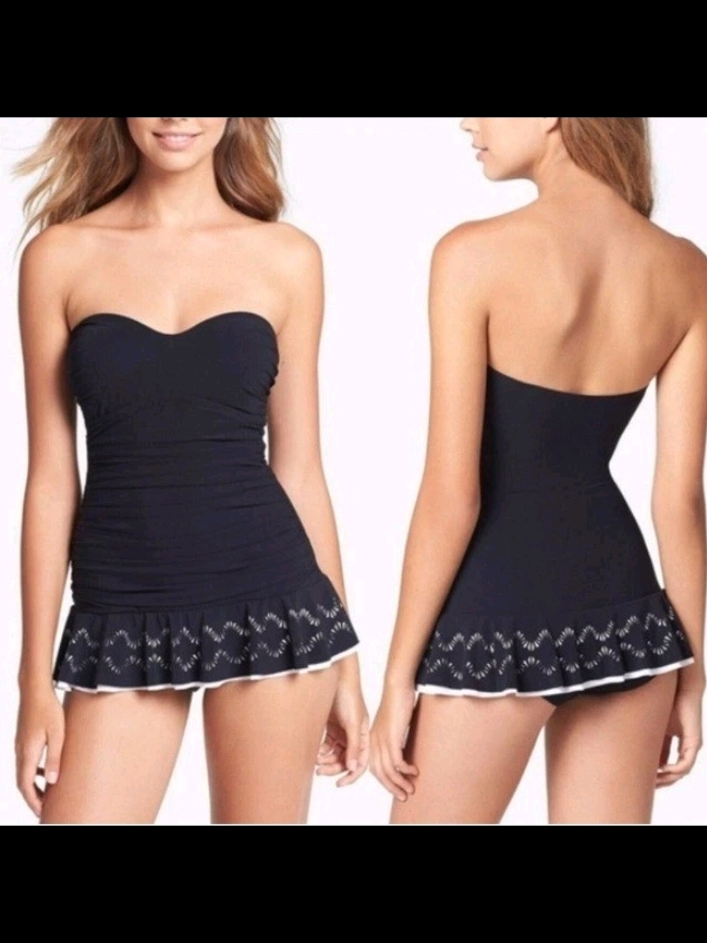 Strapless Black Swimdress with Ruffled Hem